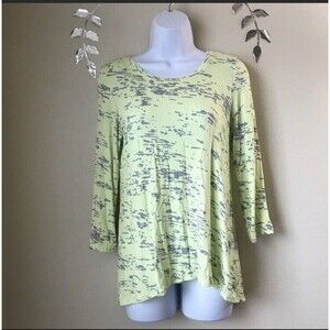 LOGO Lori Goldstein Top Women’s Size XS Stretch T-shirt Yellow Gray Lagenlook